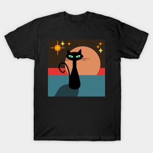 retro black cat and moon design T-Shirt